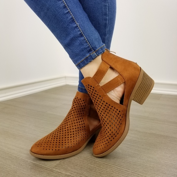 Brown Perforated Cut Open Ankle Boots - Picture 4 of 12